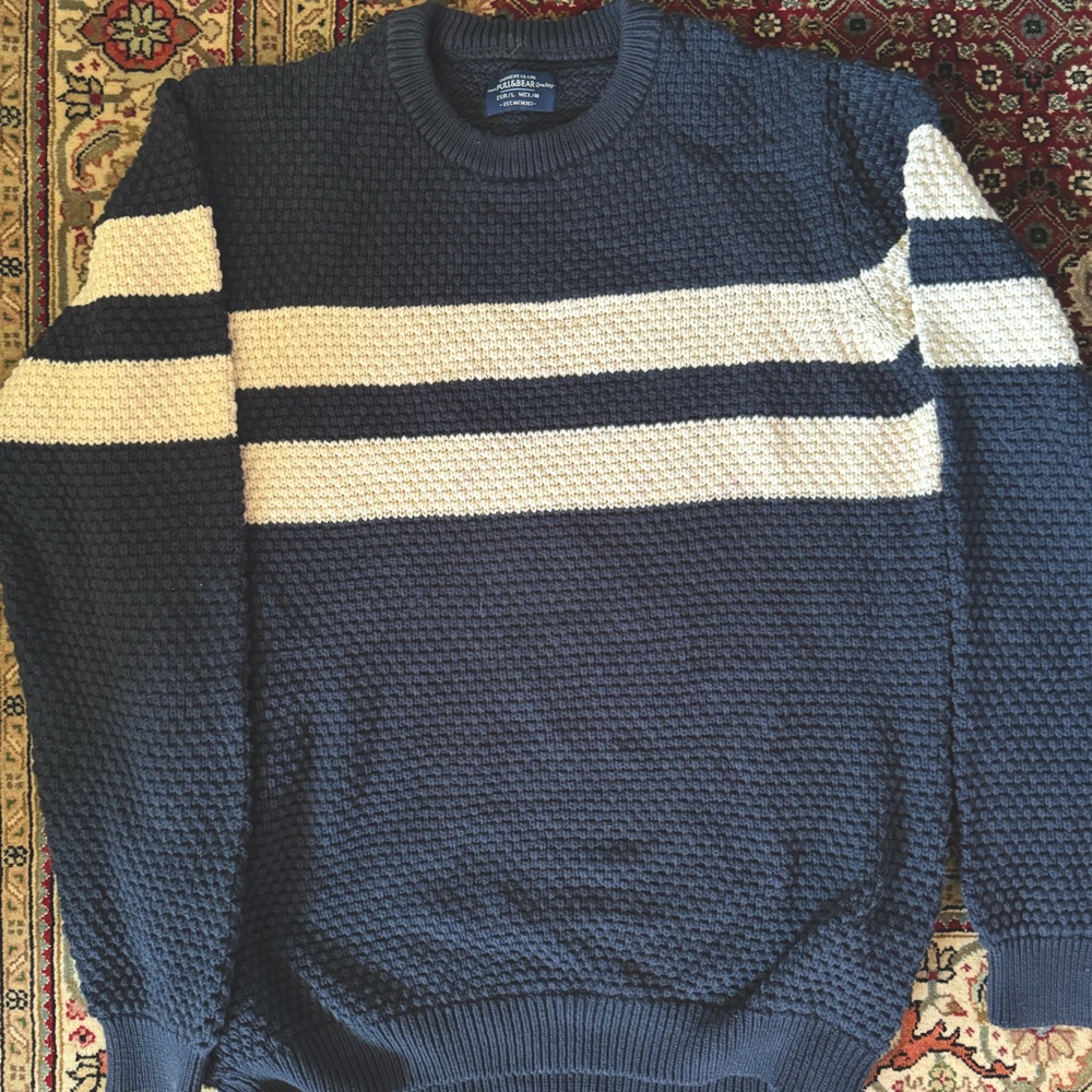 Pull and Bear Men’s Large Navy and White Striped Sweater